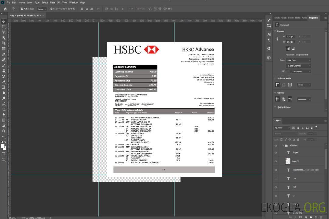 Modèle de relevé bancaire HSBC de Singapour entièrement modifiable au format PSD template Modèle de relevé bancaire HSBC de Singapour entièrement modifiable au format PSD template